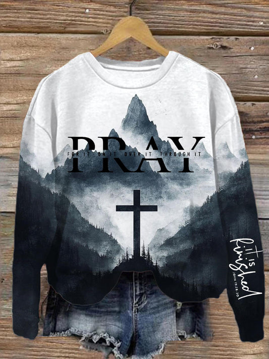 Pray On It Pray Over It Christian Printed Long Sleeve Casual Top