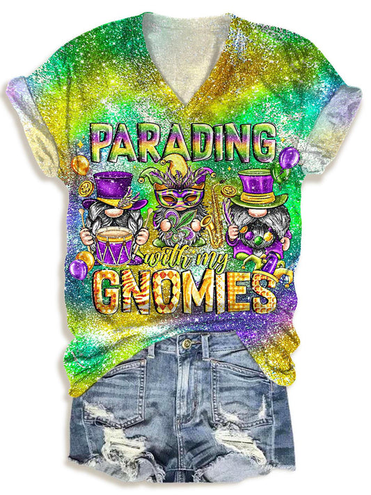 Women's Retro Colorful Carnival Gnome Print V-Neck T-Shirt