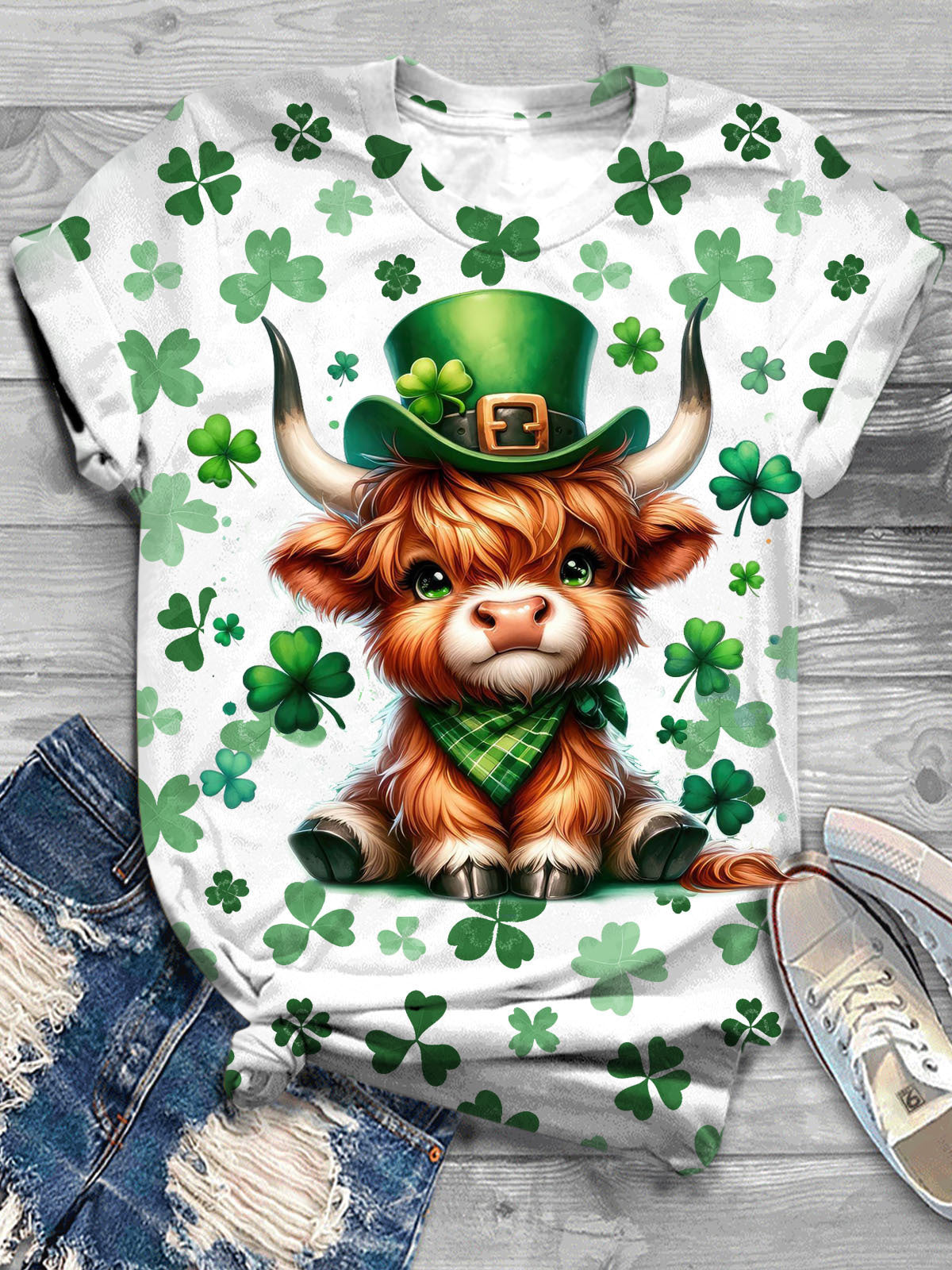 St. Patrick Day Highland Cow Crew Neck T-shirt