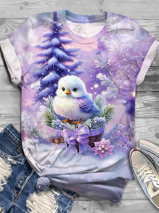 Women's Purple Winter Christmas Birds Crew Neck T-shirt