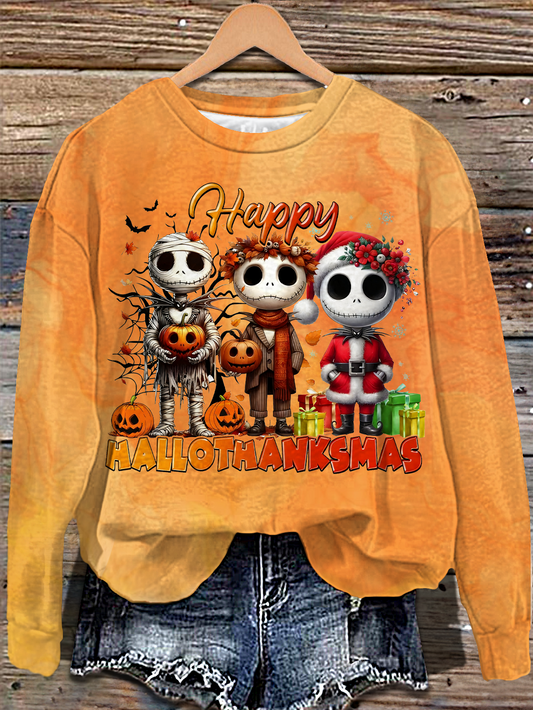 Happy Hallothanksmas Printed Long Sleeve Casual Top