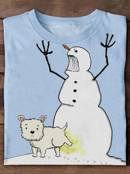 Funny Christmas Snowman And Puppy Crew Neck T-shirt