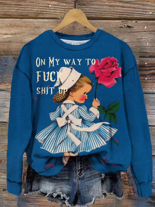 Women's On My Way To Fuck Nurse Girls Floral Print Long Sleeve Top