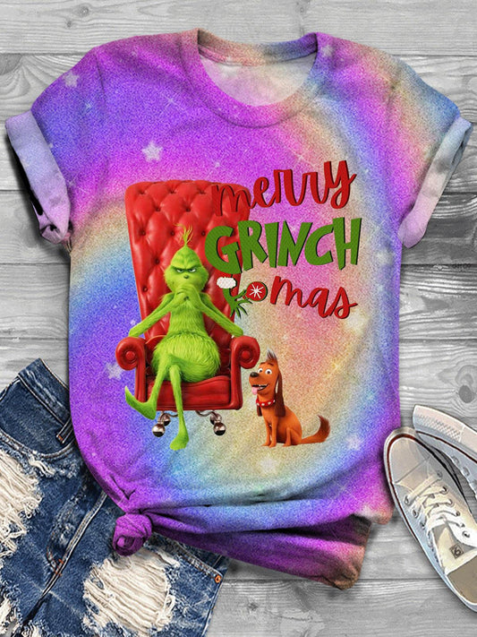 Merry Christmas Character Gradient Rainbow Print T-shirt