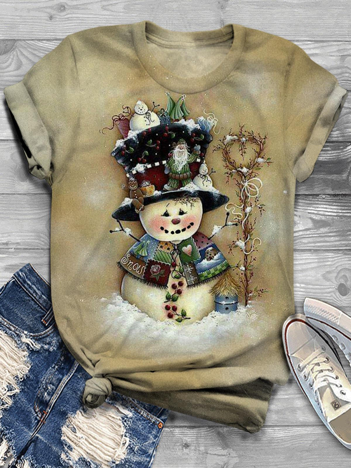 Women's Christmas Cute Snowman Vintage Print T-shirt