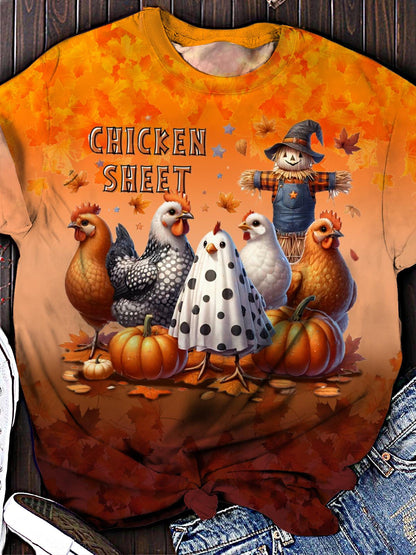 Women's Halloween Chicken Farm Animals Crew Neck T-shirt