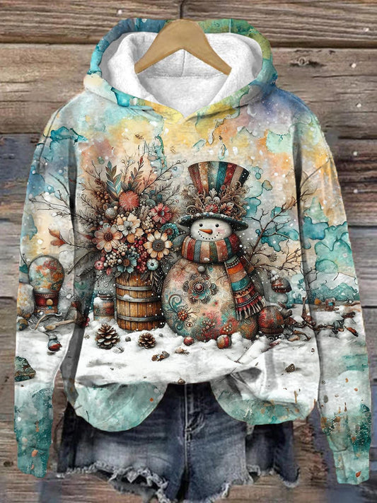 Women's Christmas Retro Snowman Painted Print Casual Hoodie