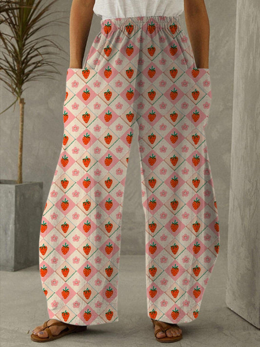 Women's Cute Strawberry Floral Checkered Vintage Print Casual Loose Pants