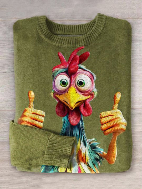 Women's Cute Hen Caricature Crew Neck Sweater