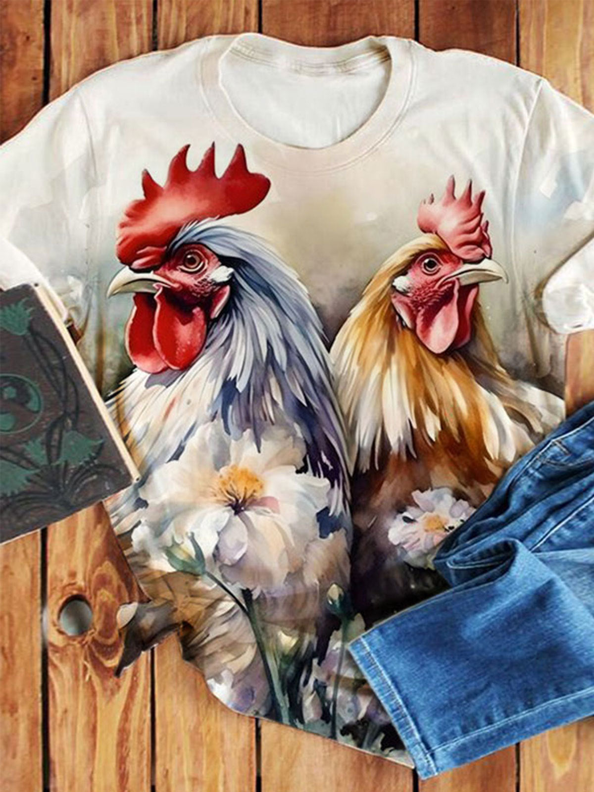 Rooster and Hen Print Crew Neck T-shirt