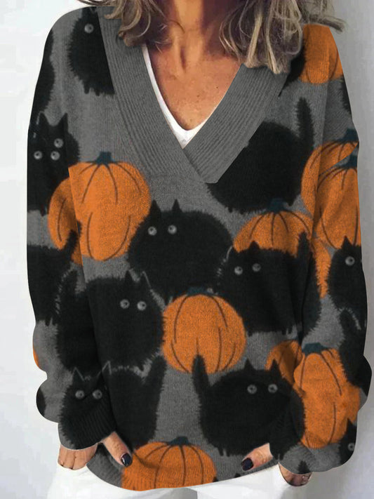 Women's Cats and Pumpkins V-neck Casual Sweater