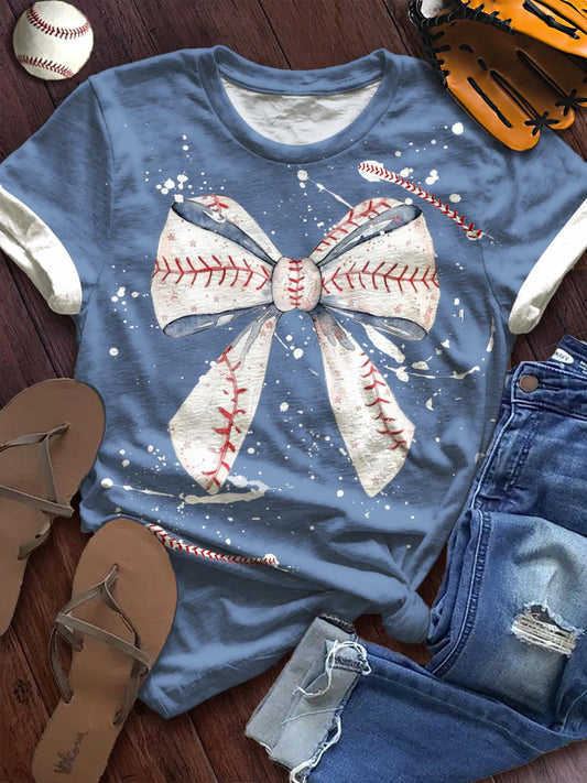 Women's Retro Baseball Bow Print Crew Neck T-shirt