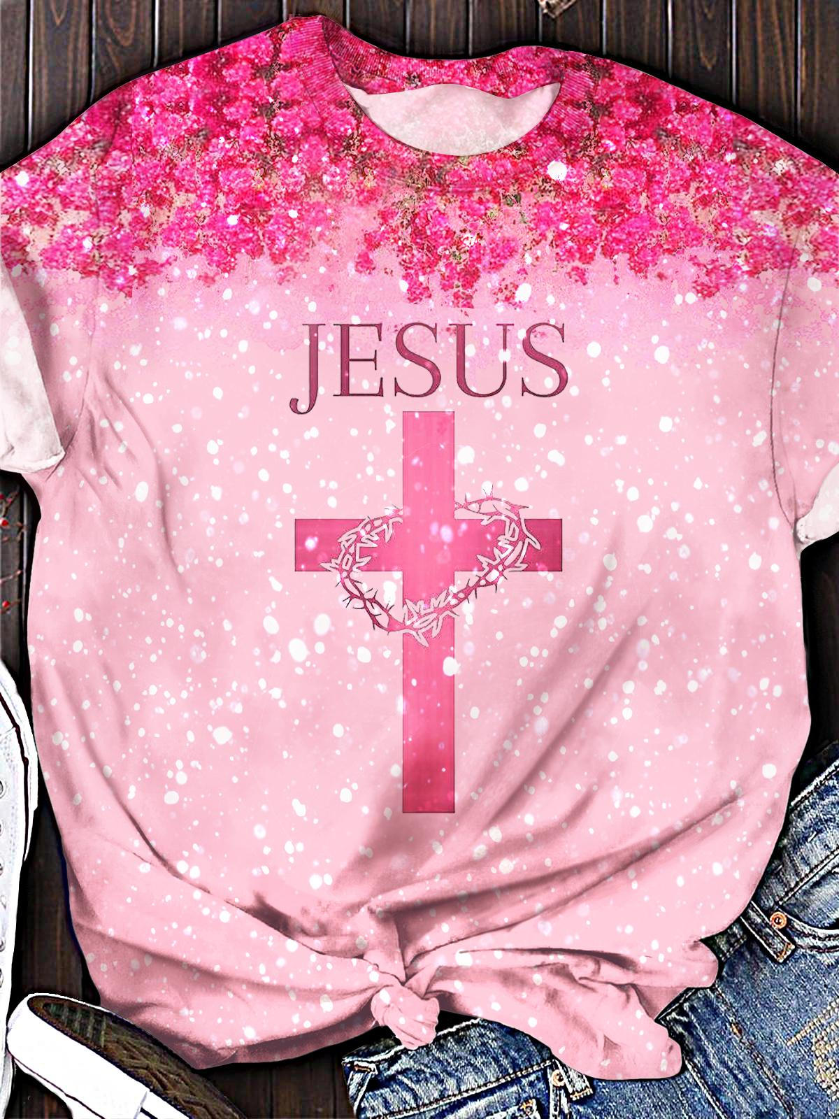 Women's Rose Christ Jesus Print Crew Neck T-shirt