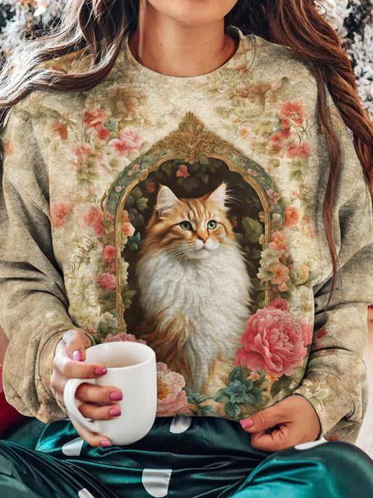 Vintage Cat Floral Printed Long Sleeve Casual Top