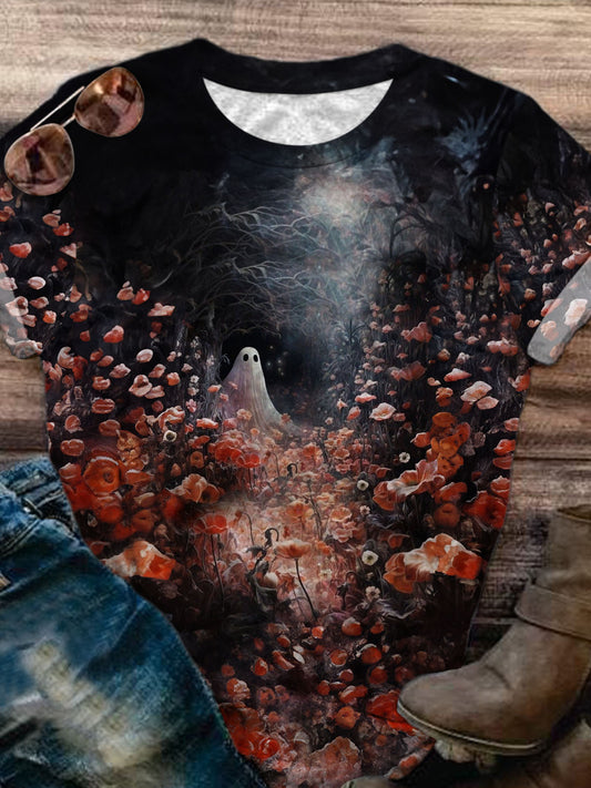 Halloween Night Forest Elf Printed Round Neck Short Sleeve T-Shirt