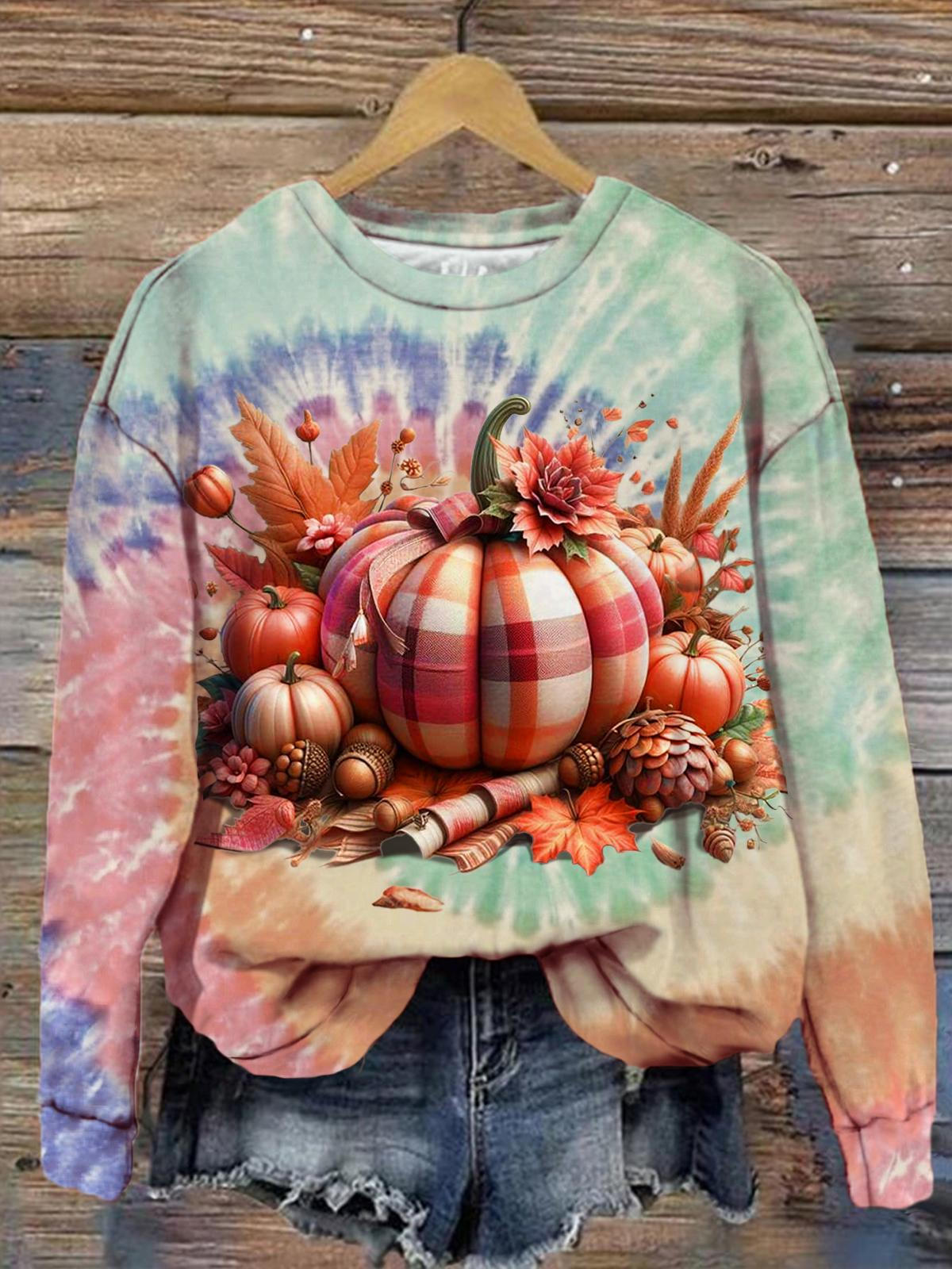 Women's Fall Pumpkin Harvest Tie Dye Print Casual Long Sleeve Top