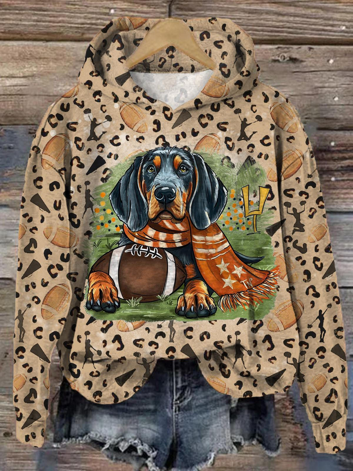 Women's Cute Puppy Football Retro Floral Print Casual Long Sleeve Top