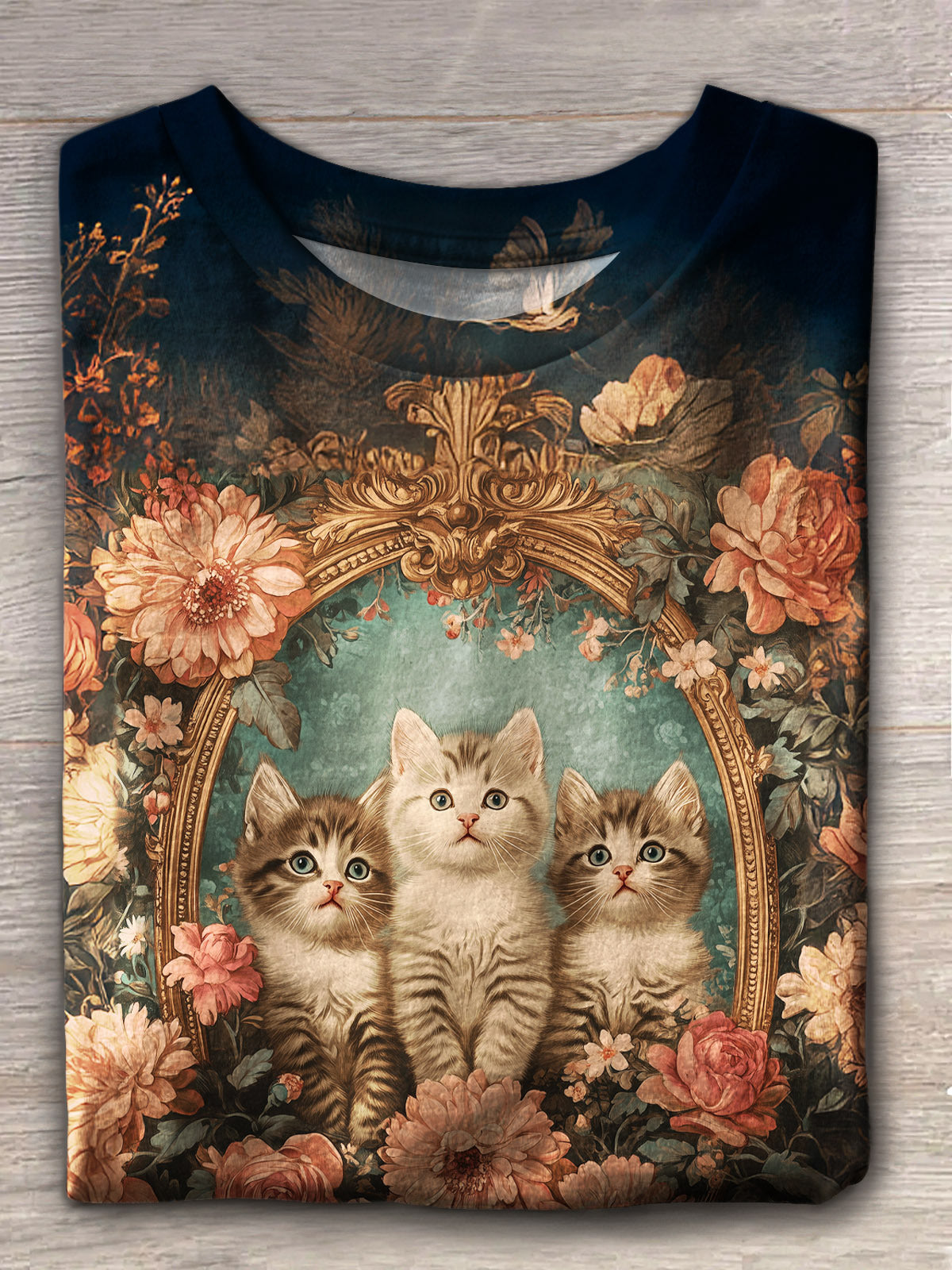 Women's Retro Floral Cat Crew Neck T-shirt