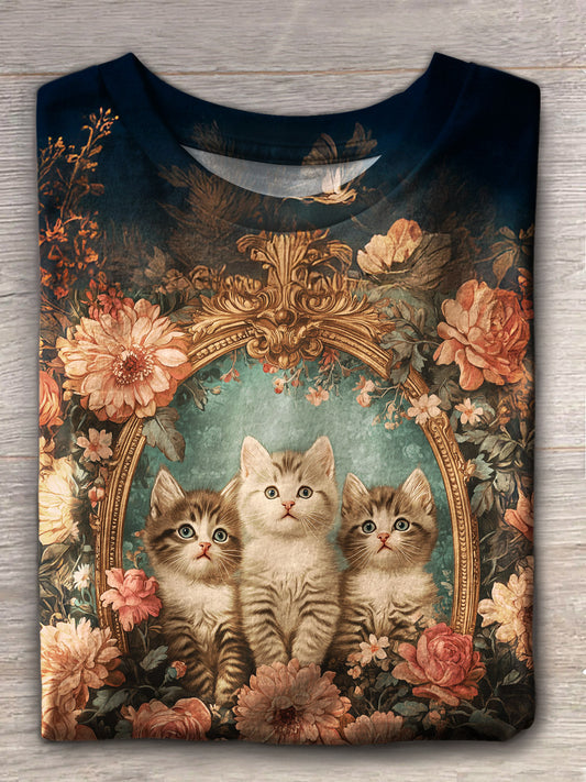 Women's Retro Floral Cat Crew Neck T-shirt