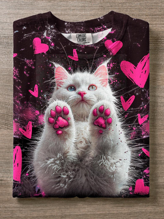 Valentine's Day Heart Cute Raised Hands Kitten Print Crew Neck T-shirt