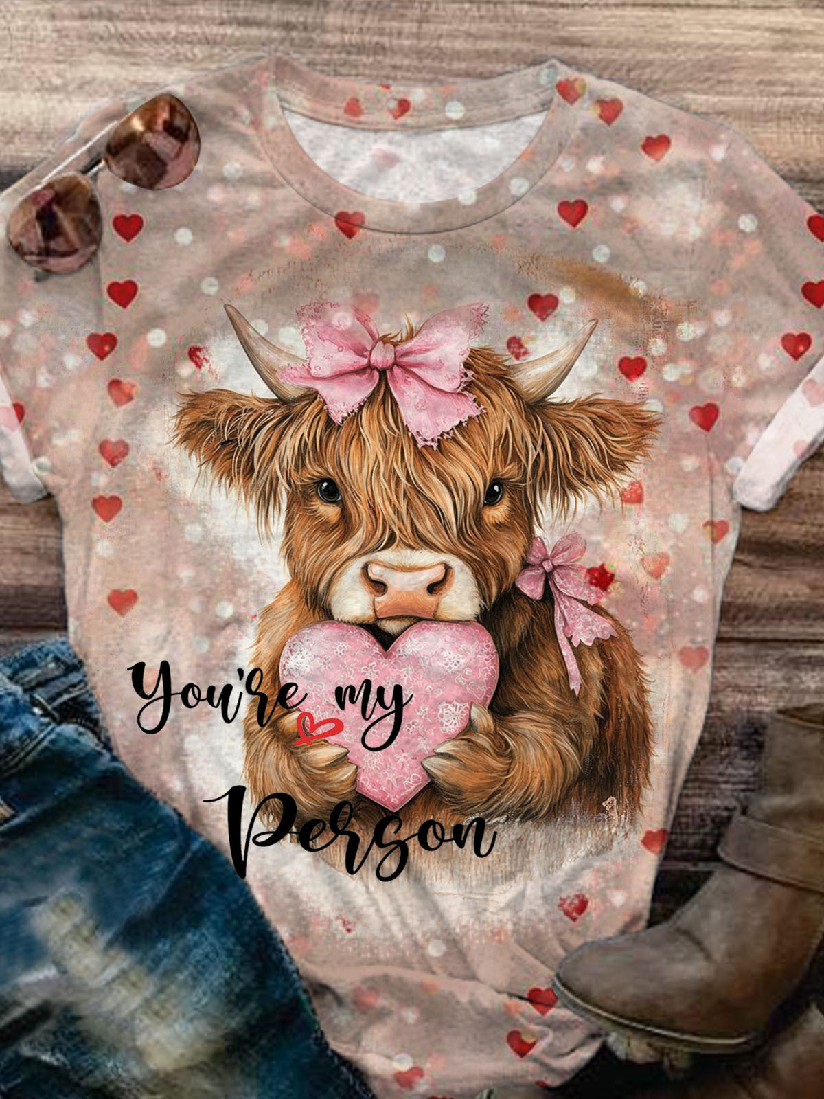 You're My Person Cow Retro Valentine's Day Print Casual T-shirt