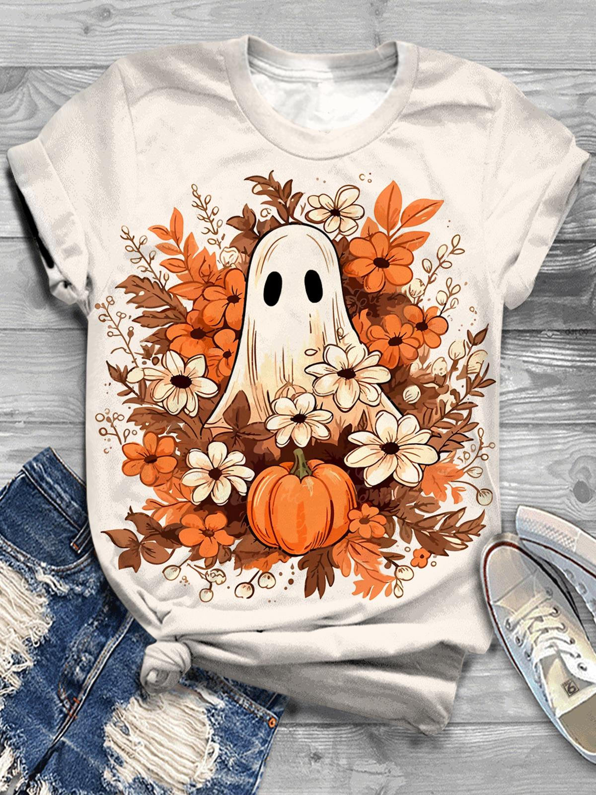 Autumn Spooky Ghost Crew Neck T-shirt