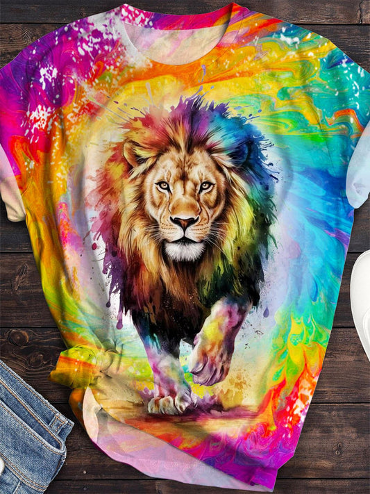Tie Dye Lion Print Crew Neck T-shirt