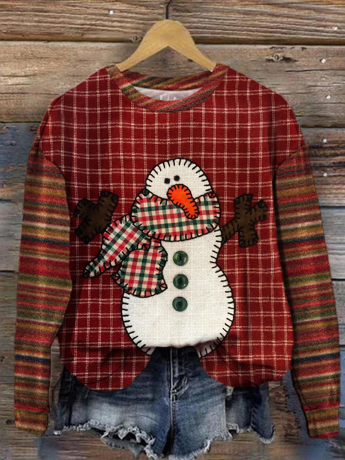 Women's Christmas Snowman Faux Fabric Print Long Sleeve Top