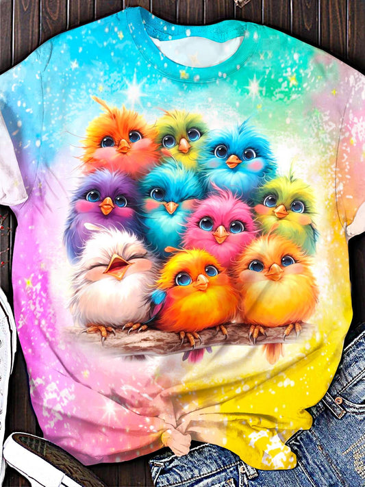 Cute Bird Printed Crew Neck T-shirt