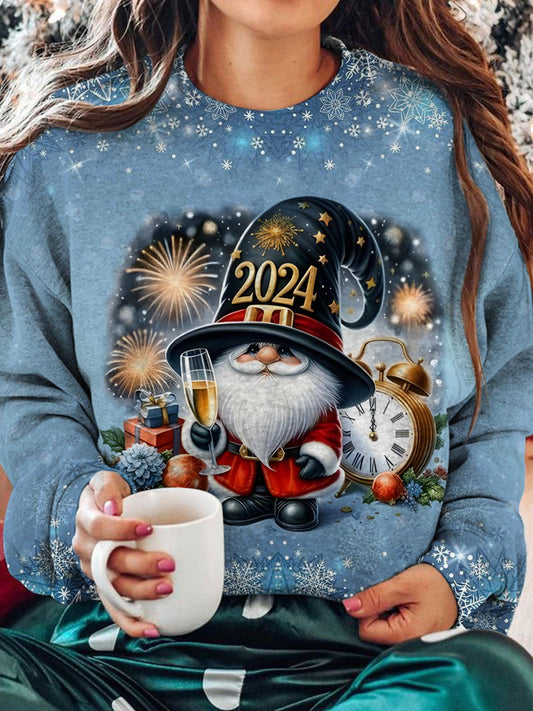 Women's Christmas Gnome Round Neck Long Sleeve Top