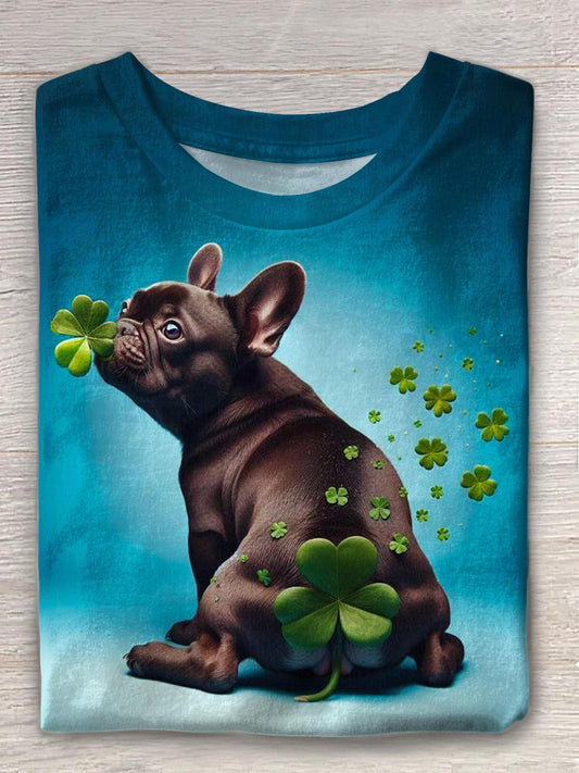 St. Patrick's Clover Puppy Fart Print Crew Neck T-shirt