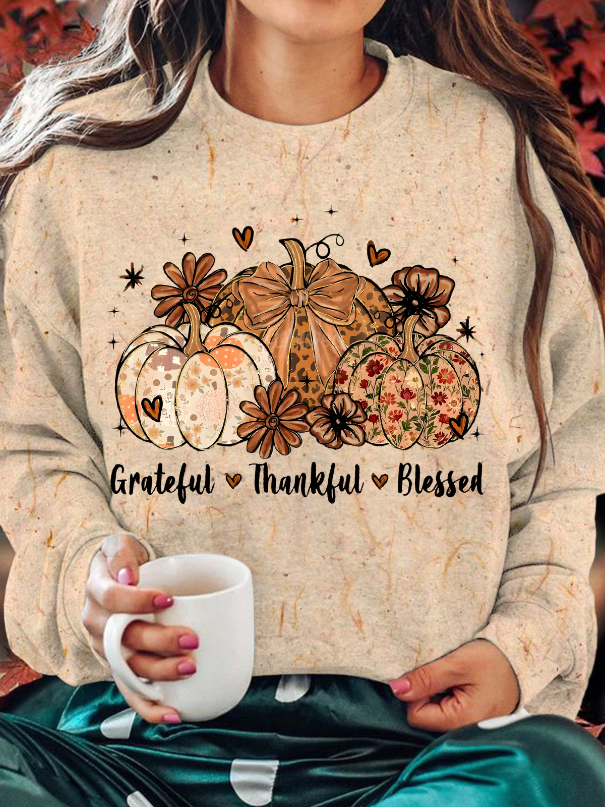 Thankful Blessed Pumpkin Printed Long Sleeve Casual Top