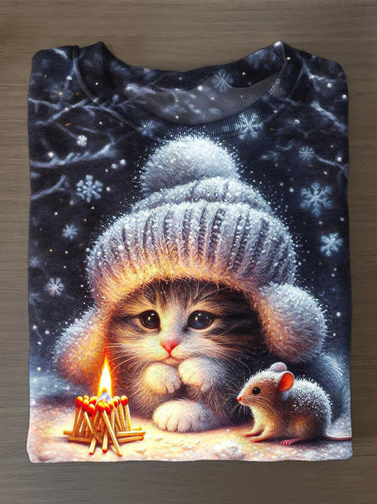 Christmas Cat Printed Long Sleeve Casual Top