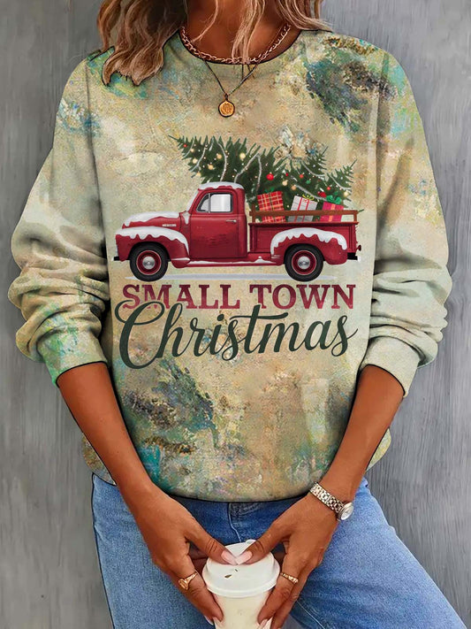 Small Town Christmas Car Retro Vintage Print Long Sleeve Top