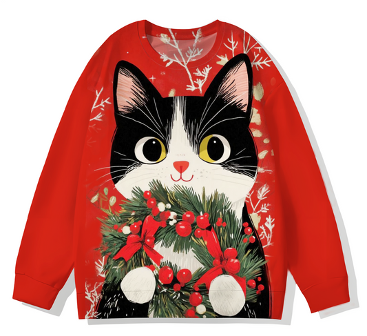Vintage Winter Christmas Cat Printed Long Sleeve Casual Top