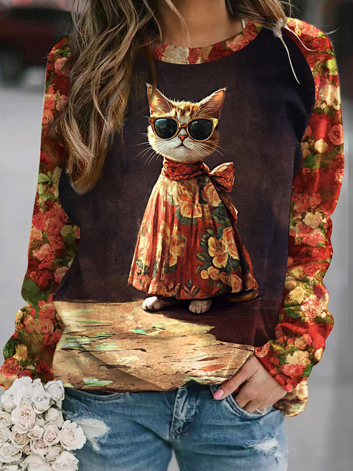 Women's Retro Floral Cat Print Long Sleeve Casual Top