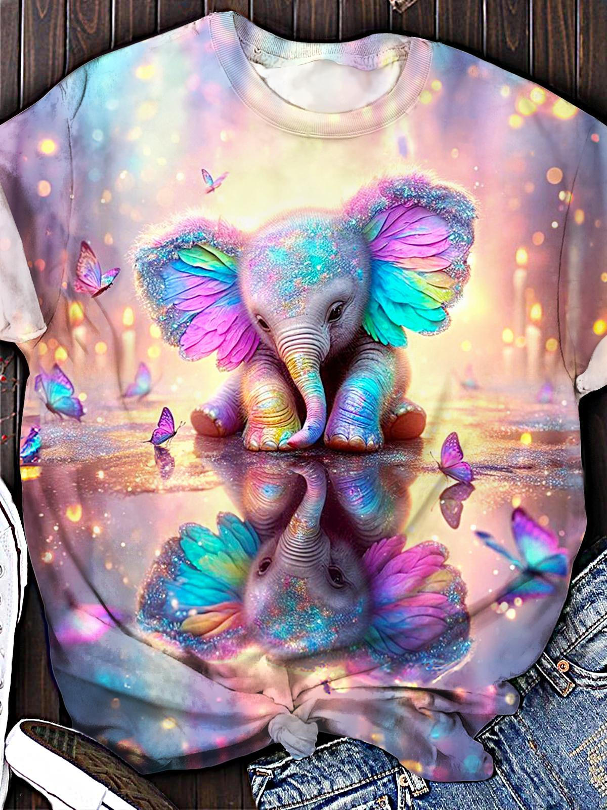 Women's Colorful Fantasy Elephant Print Crew Neck T-shirt