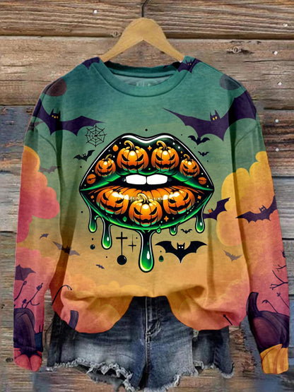 Women's Spooky Halloween Lips Round Neck Long Sleeve Top