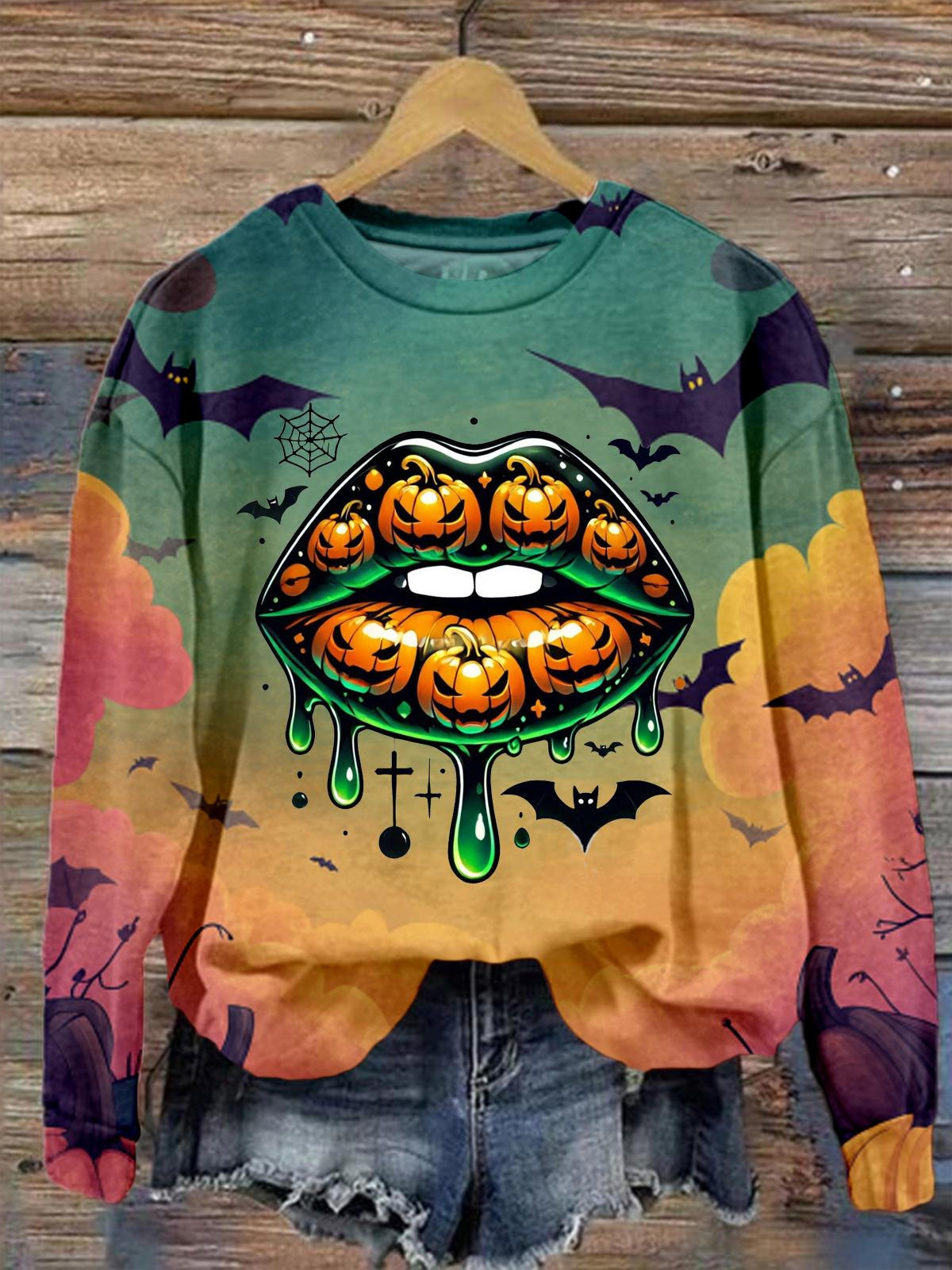 Women's Spooky Halloween Lips Round Neck Long Sleeve Top