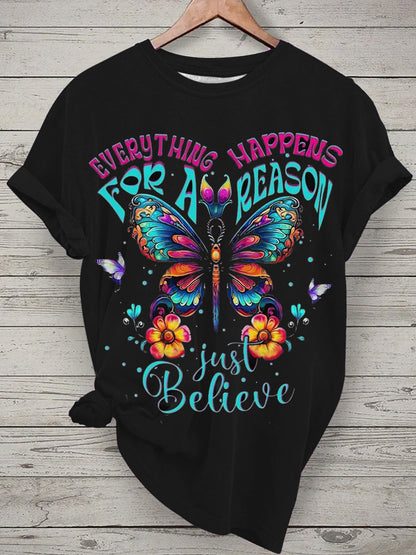 Believe Colorful Butterfly Flowers Crew Neck T-shirt