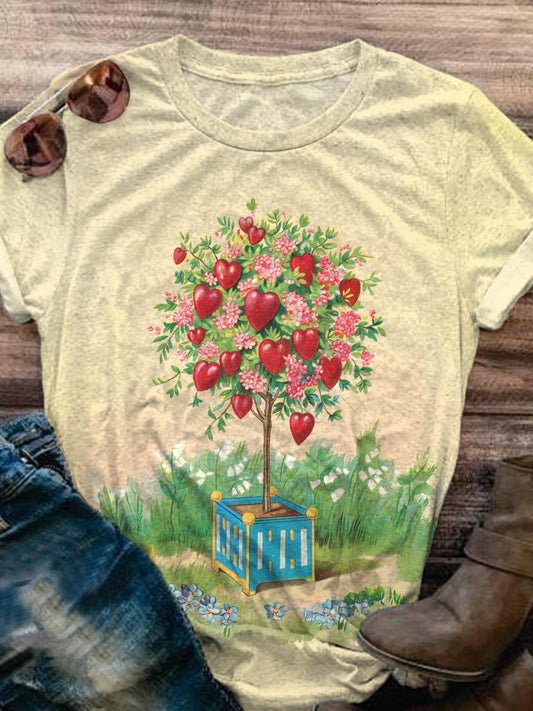 Women's Vintage Valentine's Day Cute Love Tree Print T-Shirt