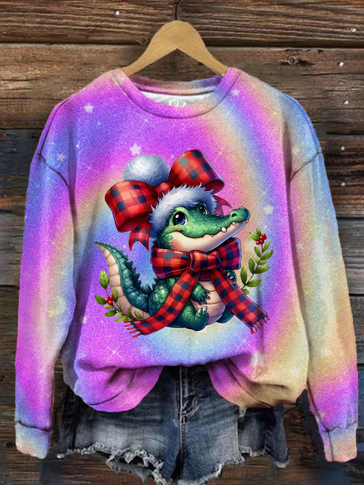 Cute Alligator Winter Bow Christmas Print Long Sleeve Top