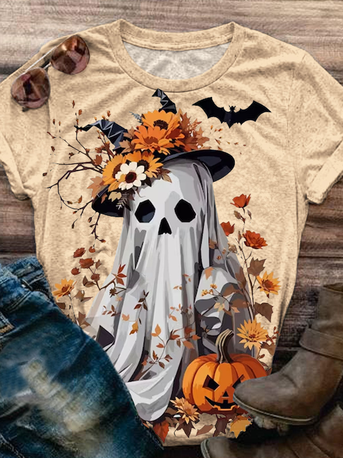 Pumpkin Ghost Print Casual Short Sleeve Top