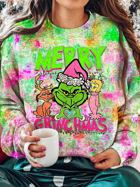 Women's Retro Pink Funny Christmas Printed Long Sleeve Casual Top