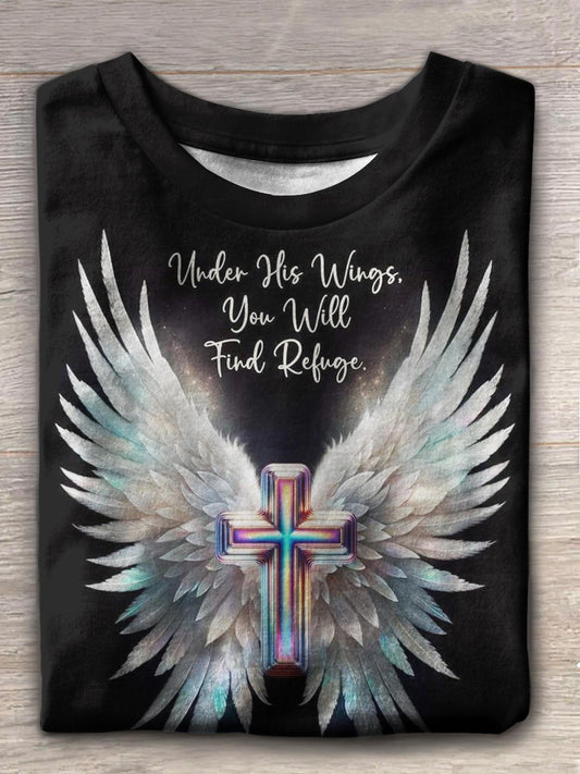 Women's Angel Wings Cross Christian Crew Neck T-shirt