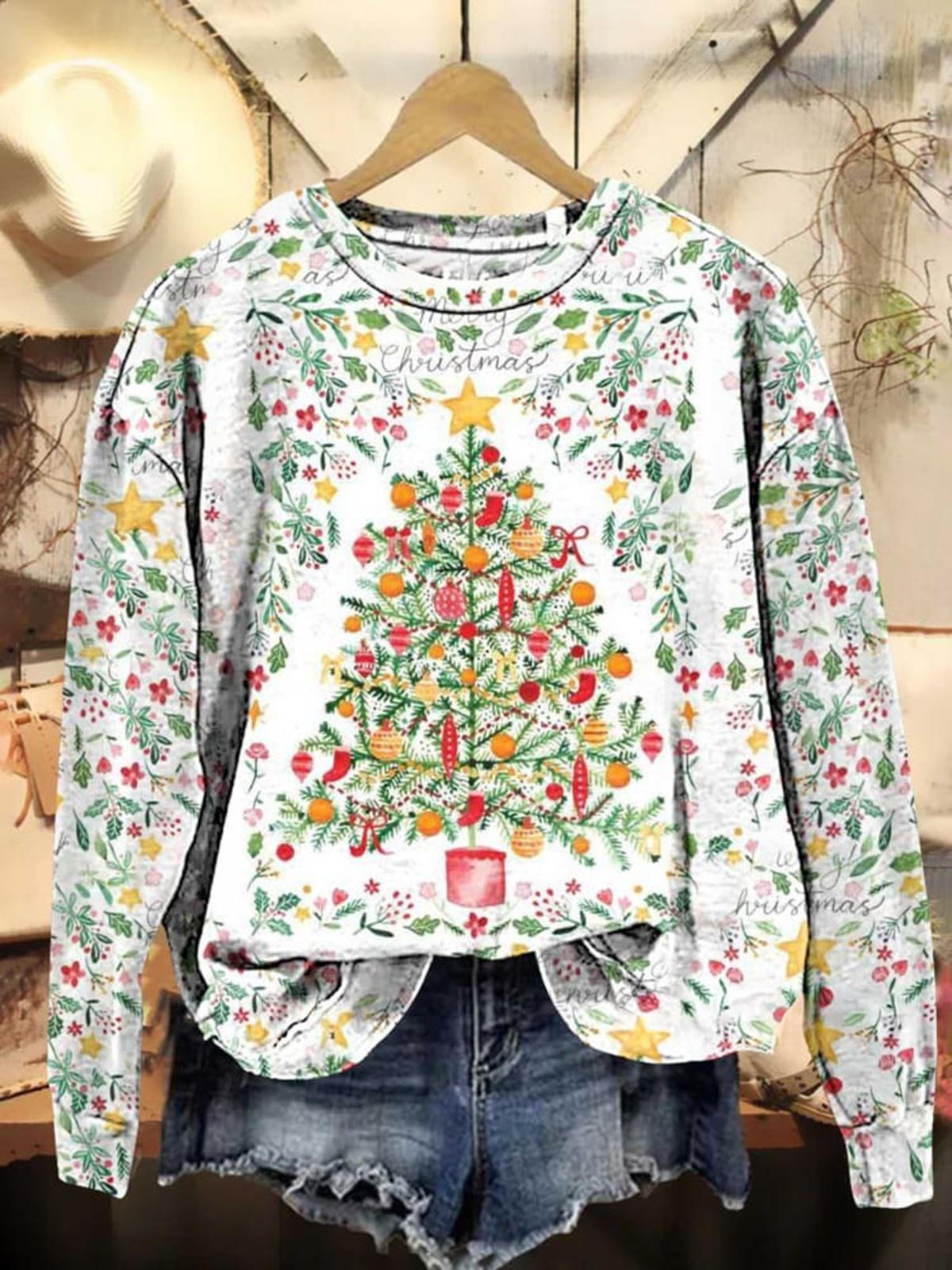 Christmas Tree Flowers Printed Long Sleeve Casual Top