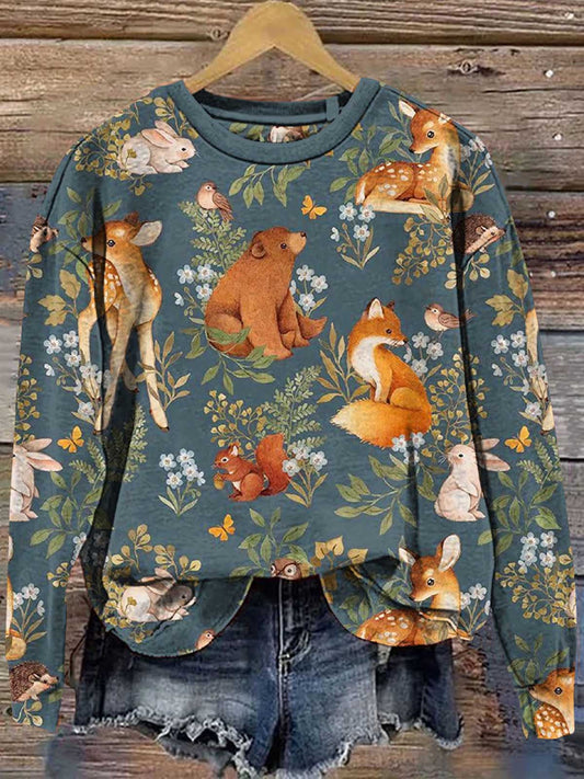 Women's Retro Animal Illustrations Print Long Sleeve Casual Top