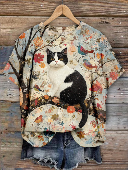 Vintage Cat And Bird Crew Neck T-shirt