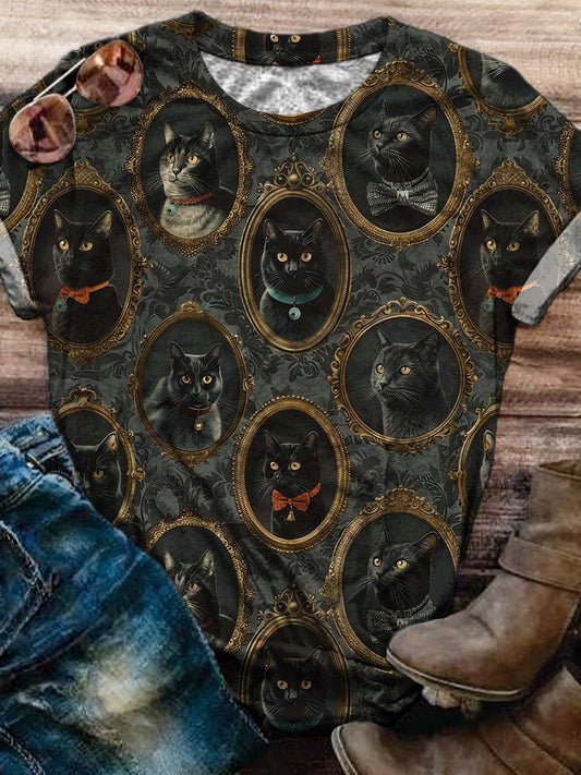 Women's Retro Dark Cat Crew Neck T-shirt