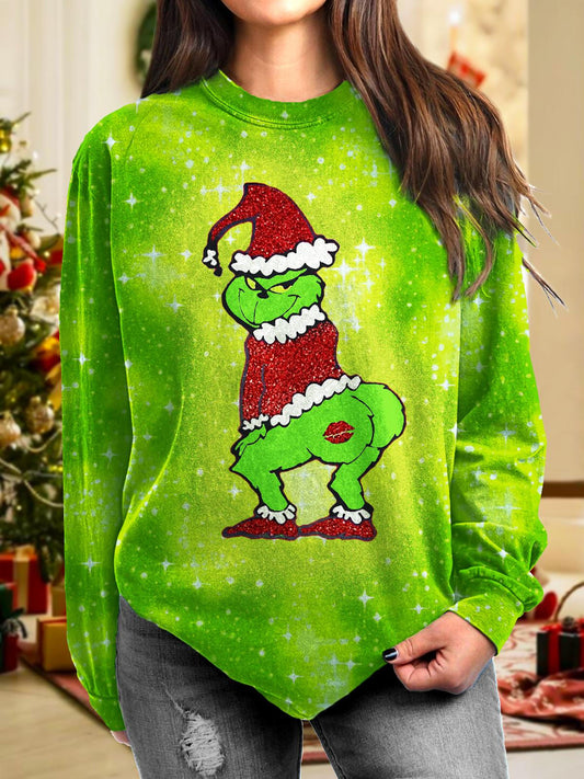 Women's Christmas Spoof Green Furry Monster Long Sleeve Casual Top